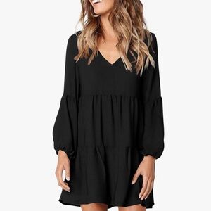 Amoretu Women’s Long Sleeve V Neck Casual Black Loose Flowy Swing Shift Dress